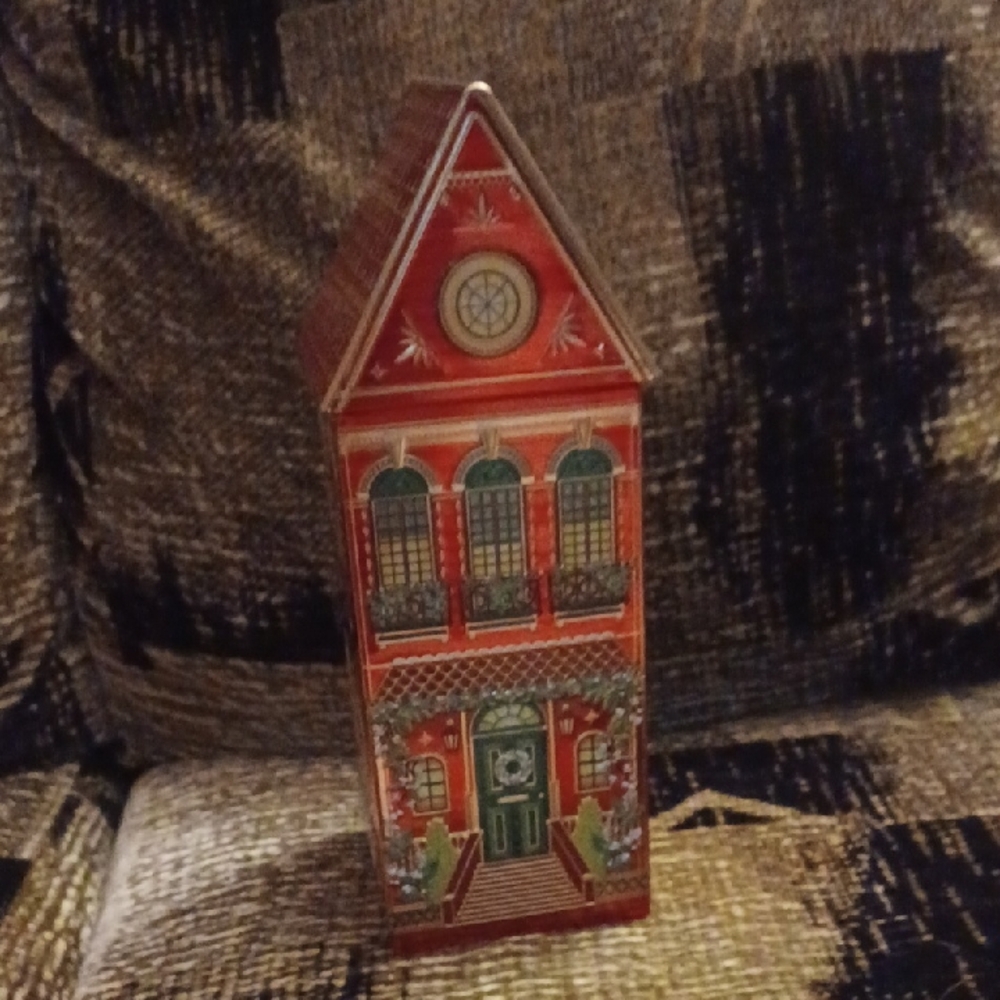 4/$40 New Red Decorative Tin Holiday House - Empty